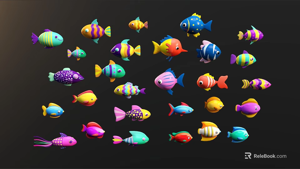 Many Colorful Cartoon Fish with Various Colors and Different Shapes on Black Background 3d model 