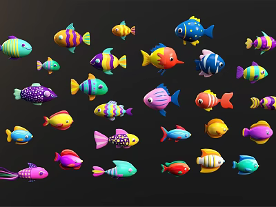 Many Colorful Cartoon Fish with Various Colors and Different Shapes on Black Background 3d model