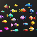 Many Colorful Cartoon Fish with Various Colors and Different Shapes on Black Background