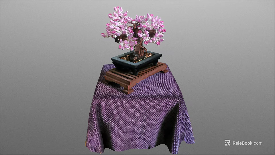 Pink Flowering Bonsai Tree in Dark Square Pot on Wooden Tray with Purple Dotted Tablecloth 3d model 