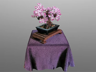 Pink Flowering Bonsai Tree in Dark Square Pot on Wooden Tray with Purple Dotted Tablecloth 3d model