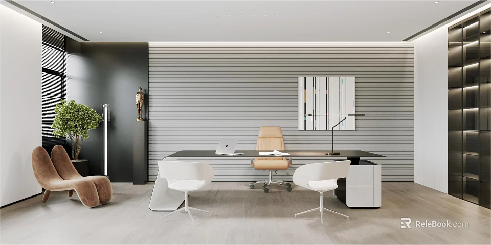 Modern Office Interior Design With Black Desk Beige Chair White Chairs Green Plant And Painting 3d model 