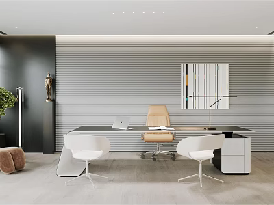 Modern Office Interior Design With Black Desk Beige Chair White Chairs Green Plant And Painting 3d model