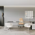 Modern Office Interior Design With Black Desk Beige Chair White Chairs Green Plant And Painting