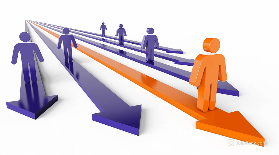 Orange Leader Figure Leading Purple Team On Directional Arrows Path 3d model 