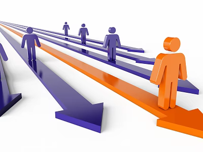 Orange Leader Figure Leading Purple Team On Directional Arrows Path 3d model