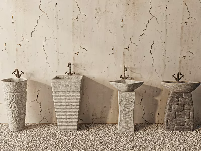 Four Unique Stone Washbasins With Textured Cracked Walls And Pebble Floor 3d model
