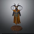 Horned Fantasy Character With Ornamental Headpiece Orange Cape Blue Gold Armor On Wooden Base