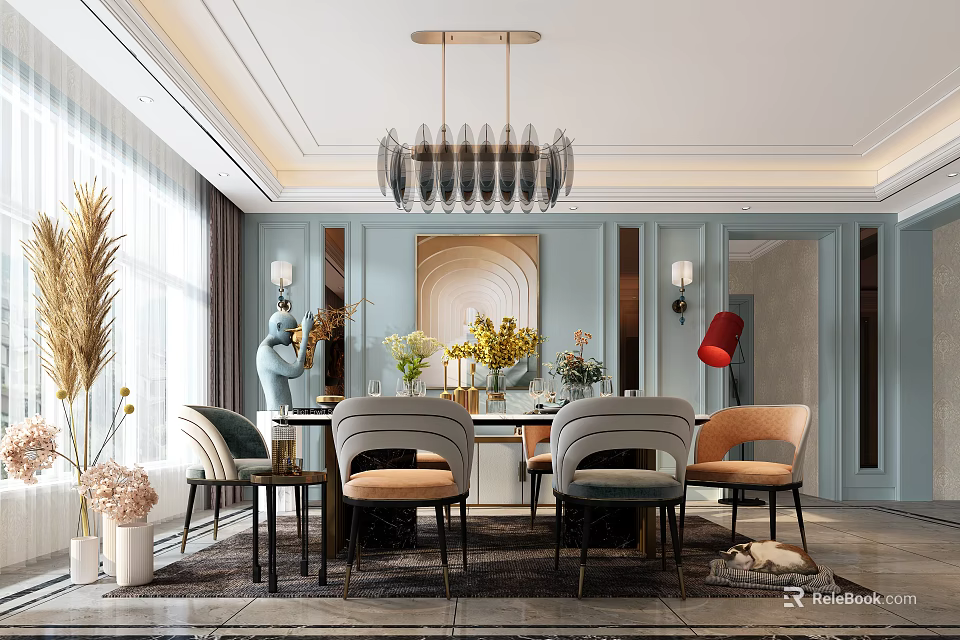 Modern Luxury Restaurant Interior Design With Blue Walls Chandelier Dining Table And Chairs 3d model 