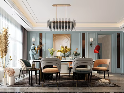 Modern Luxury Restaurant Interior Design With Blue Walls Chandelier Dining Table And Chairs 3d model