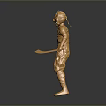Golden Cat Headed Humanoid Statue With Textured Armor And Holding Weapons On Dark Reflective Surface