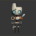 3D Robot Character With White Orange Body Blue Glowing Eyes Mechanical Arms Legs And Tools