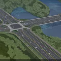 Modern Highway Infrastructure with Bridge Over River and Green Vegetation and Flowing Traffic