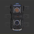 Industrial Mechanical Device Featuring Blue Orange Cylinders Black Body And Metal Pipes Brackets