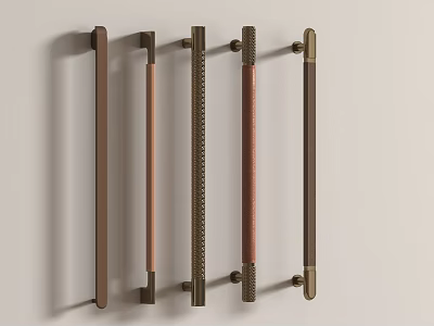 Five Various Designed Handles Mounted on Light Colored Wall with Different Styles 3d model