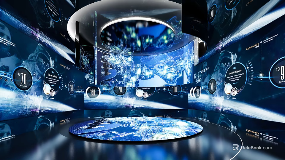 Interactive Digital Exhibition Space With 360 Degree Projection Screen And Blue Light Visual Effects 3d model 
