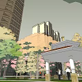 Urban Park Area With Tall Buildings Trees And Pavilion Where People Gather