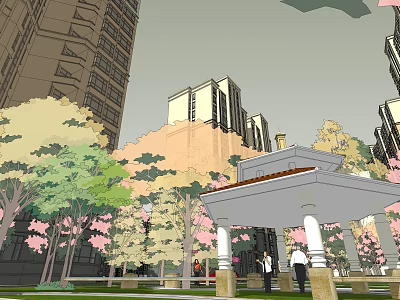 Urban Park Area With Tall Buildings Trees And Pavilion Where People Gather 3d model