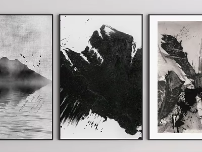Black And White Abstract Paintings With Modern Ink Brushstrokes For Wall Art 3d model