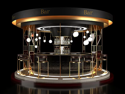 Elegant Round Bar Interior With Illuminated Lighting Gold Bar Stools And Glass Shelves 3d model