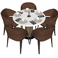 Modern Round Dining Table Set With Six Brown Upholstered Chairs And Tableware 3d model