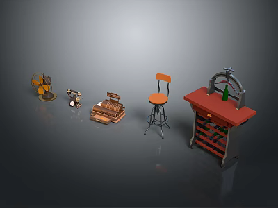 Vintage Retro Items Collection Display With Typewriter Chair Phonograph And Wine Rack 3d model