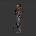 Futuristic Armored Warrior With Black Silver Armor Orange Cape And Chainsaw Gun Weapon