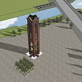 Tall Brick Clock Tower With Classic Design And Surrounded by Trees On Plaza Ground