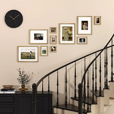 Entryway Hallway With Staircase Black Railing Framed Pictures Black Clock Cabinet Vase Plants And Books 3d model