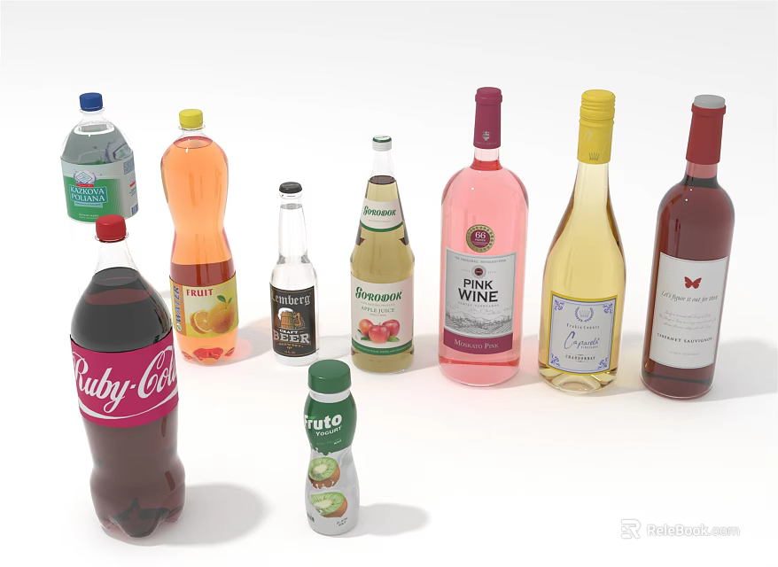 Assorted Colored Wine Bottles Including Pink Yellow Red and Labeled Varieties 3d model 