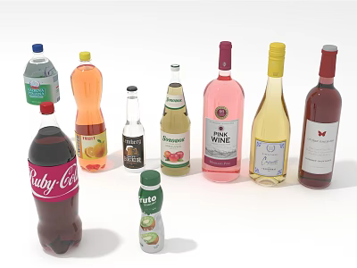 Assorted Colored Wine Bottles Including Pink Yellow Red and Labeled Varieties 3d model