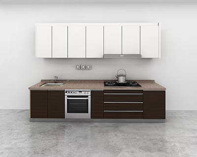 Modern Kitchen with White Upper and Dark Brown Lower Cabinets Stove Sink and Oven 3d model