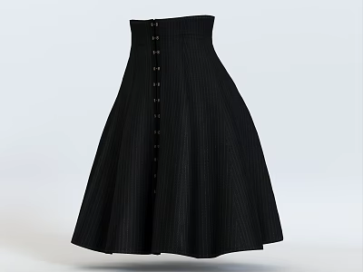 Elegant Black High Waist Dress With Button Front And Flared Pleated Skirt 3d model