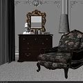 Vintage Floral Pattern Armchair With Wooden Frame And Matching Dresser Table Lamp
