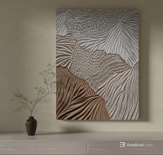 Textured Wall Art With Gray And Brown Patterns Near Vase And Green Plant 3d model