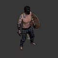 Barefoot Bearded Male Warrior With Tattooed Arms Holding Axe And Shield In Plaid Pants