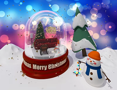 Festive Christmas Decorative Ornament Set With Snow Globe Snowman Tree And Lights In Snowy Scene 3d model
