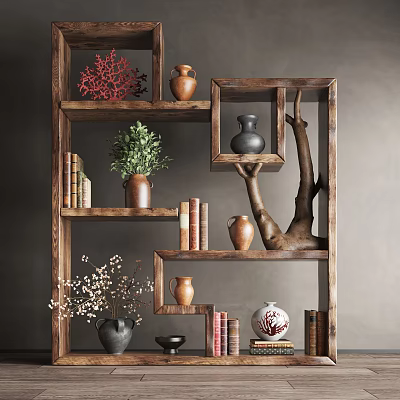 Rustic Decorative Cabinet Displaying Clay Pots Green Plants Books Coral Decor Vases and Wooden Sculpture 3d model