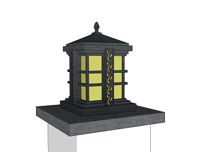 Black Outdoor Light With Yellow Glass Panels Decorative Spire Top Square Base And Vine Accents 3d model