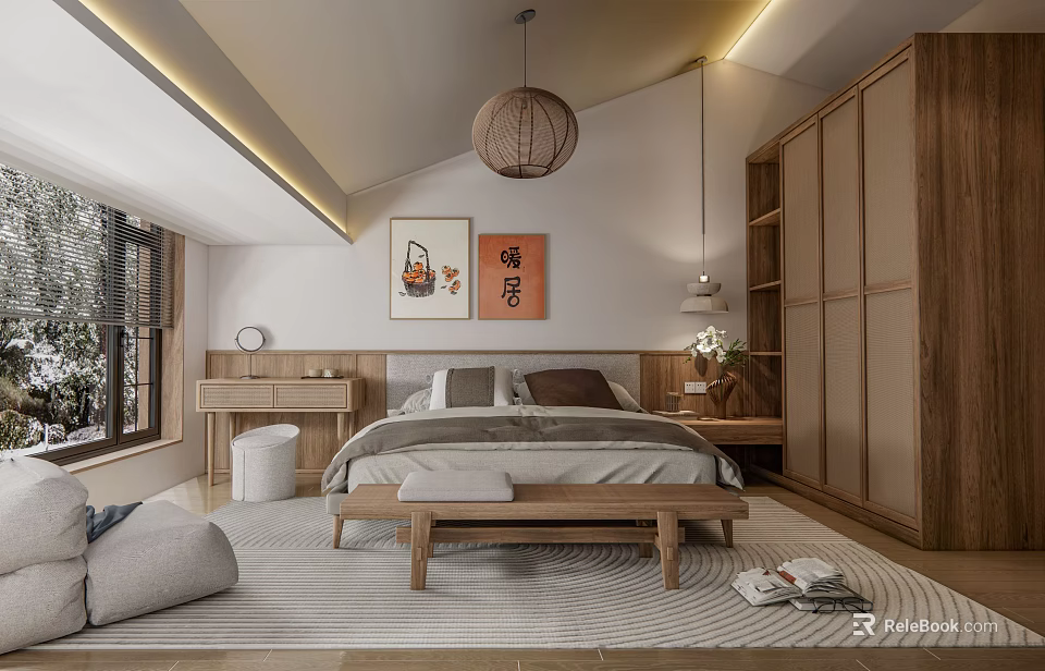 Traditional Chinese Bedroom Interior With Woven Pendant Light Wooden Wardrobe And Calligraphy Art 3d model 