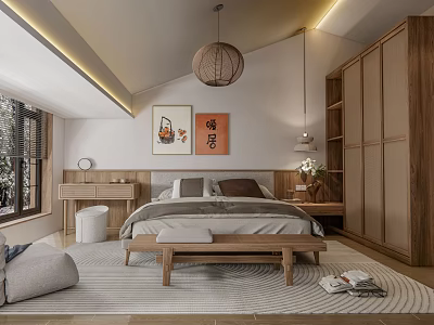 Traditional Chinese Bedroom Interior With Woven Pendant Light Wooden Wardrobe And Calligraphy Art 3d model