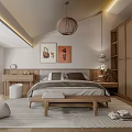 Traditional Chinese Bedroom Interior With Woven Pendant Light Wooden Wardrobe And Calligraphy Art