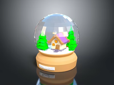 Crystal Snow Globe With Small House Green Trees And Wooden Base 3d model