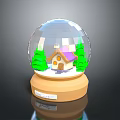 Crystal Snow Globe With Small House Green Trees And Wooden Base