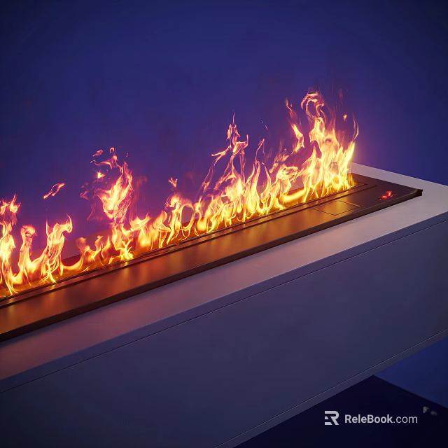 Modern Linear Fireplace With Bright Burning Flames In Indoor Space 3d model 