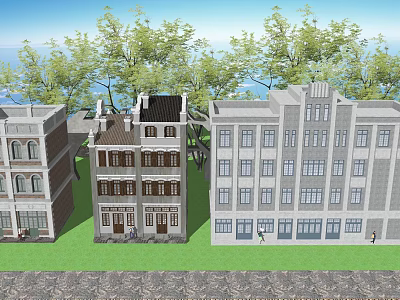 Diverse Architectural Commercial Complex With Trees Green Lawn And Water View 3d model
