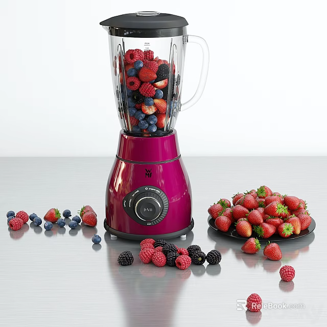 Purple Kitchen Blender Filled With Mixed Berries And Fresh Fruits On Counter 3d model 