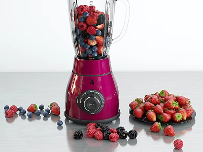 Purple Kitchen Blender Filled With Mixed Berries And Fresh Fruits On Counter 3d model