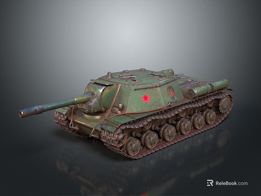 Green Military Tank With Red Star Cannon Turret And Metal Tracks 3d model 