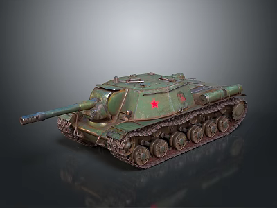 Green Military Tank With Red Star Cannon Turret And Metal Tracks 3d model